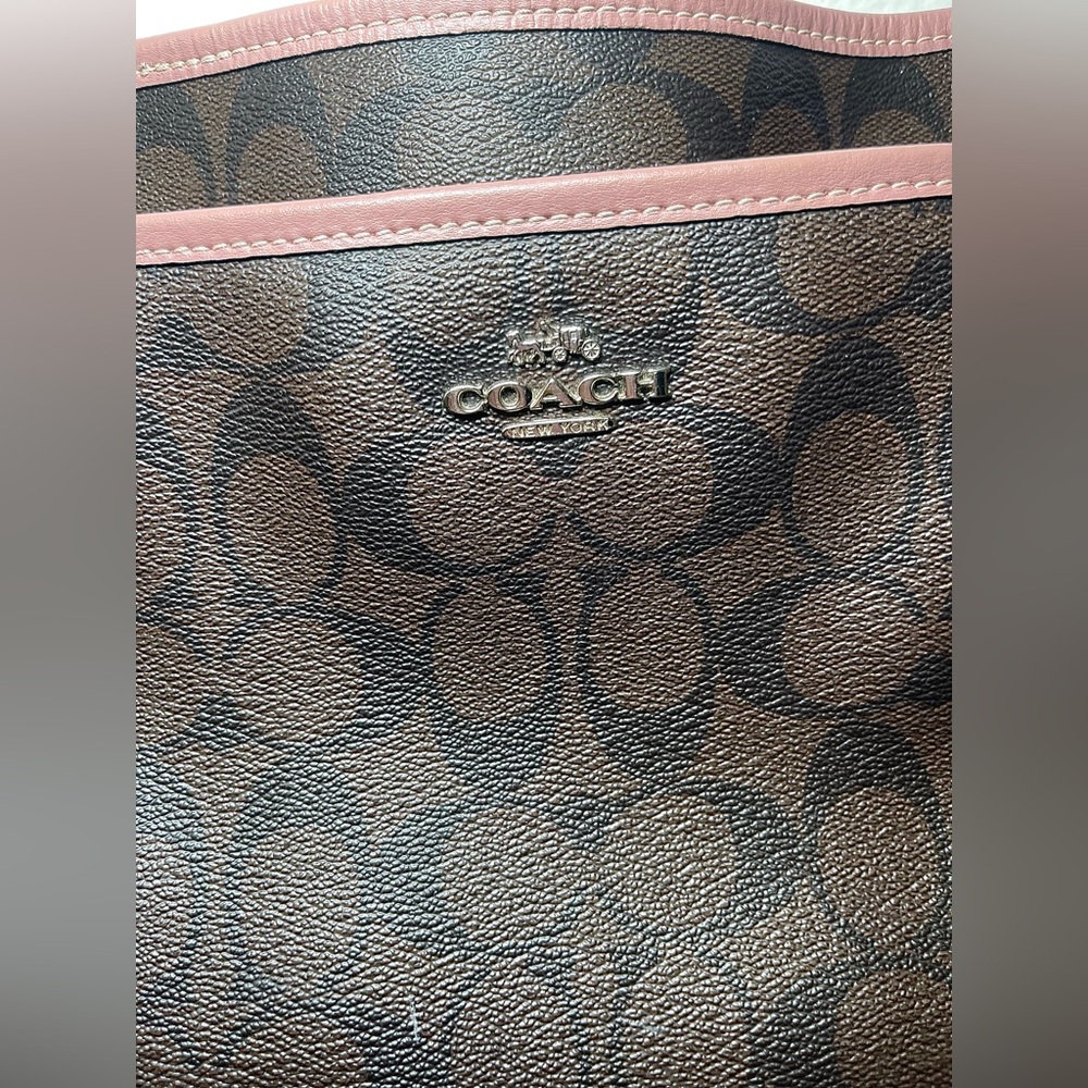 Coach Signature Monogram Crossbody Bag Brown Pink Trim Adjustable Strap Purse - Picture 2 of 11